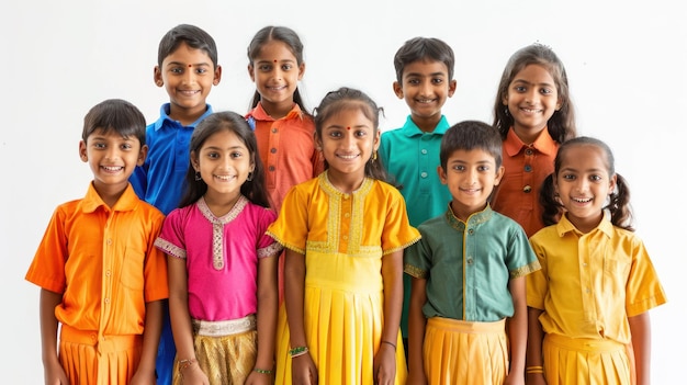 Photo portrait de groupe d'écoliers indiens joyeux, étudiants souriants sur un fond de studio blanc minimal