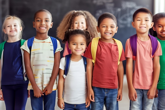 Portrait d'un groupe d'écoliers multiethniques souriants à l'école