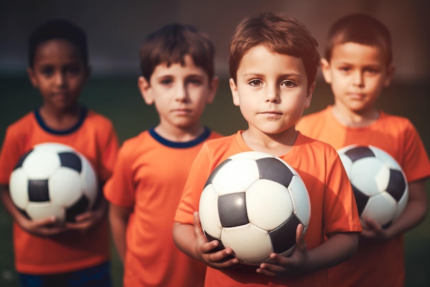 Portrait d'un groupe d'enfants tenant des ballons de football sur le terrain de jeu Generative AI