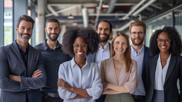 Photo portrait d'un groupe d'hommes d'affaires prospères dans un bureau moderne regardant à la caméra portrait de hommes d'affaires heureux et de femmes d'affaires satisfaites debout en équipe groupe multiethnique de personnes souriantes