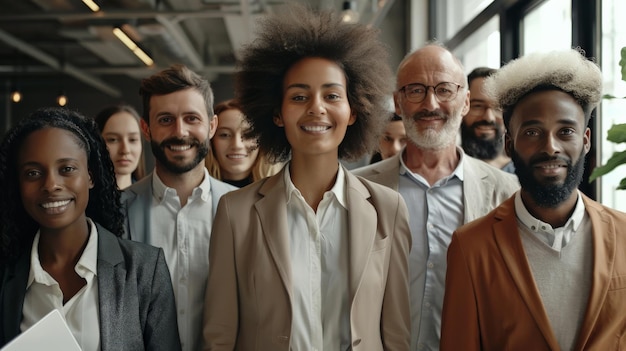 Portrait d'un groupe d'hommes d'affaires prospères dans un bureau moderne regardant à la caméra Portrait de hommes d'affaires heureux et de femmes d'affaires satisfaites debout en équipe Groupe multiethnique de personnes souriantes