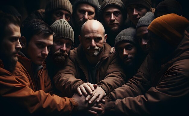 Portrait d'un groupe d'hommes sans-abri assis dans la rue