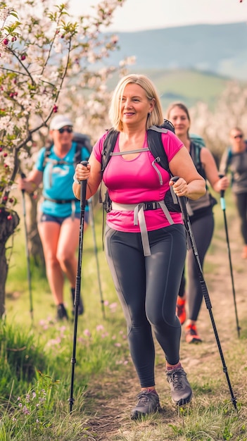 Photo portrait de groupe vertical de femmes adultes faisant du fitness et de la marche nordique en marchant à travers une floraison