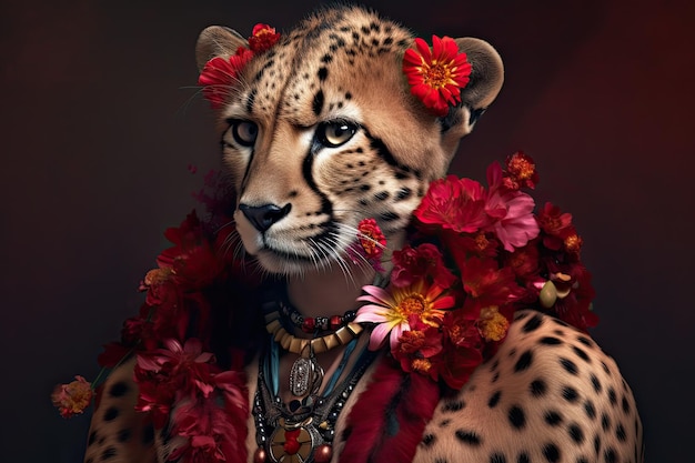 Portrait d'un guépard de mode portant des fleurs et des bijoux sur un fond sombre Generative AI