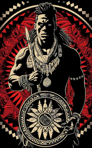Portrait de guerrier fidjien avec un collier de dent de baleine et un t-shirt Tapa C Tattoo Print Art Design Ink