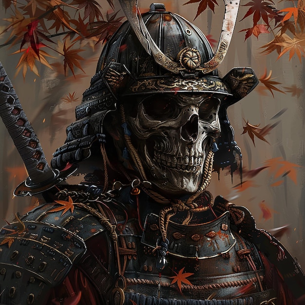 Le portrait d'un guerrier samouraï avec un crâne