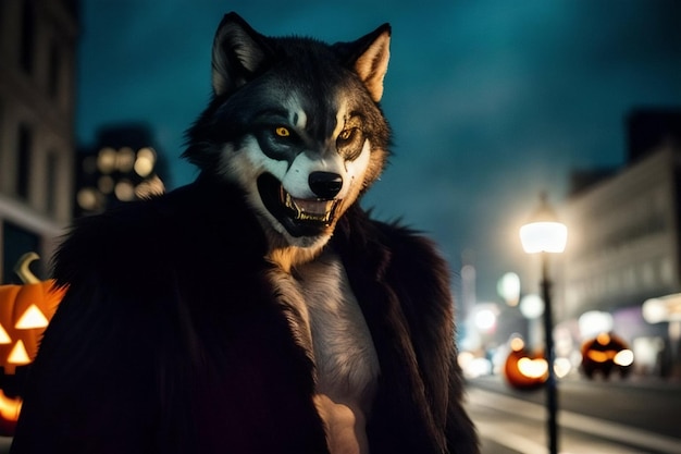 portrait d'halloween d'un loup-garou dans la rue la nuit