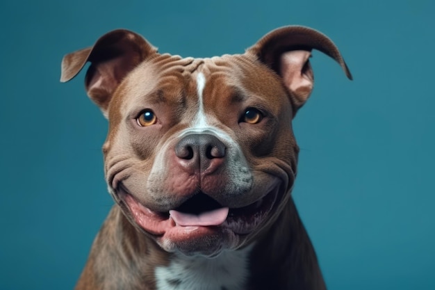 Portrait happy smiling american bully dog isolé sur fond bleu