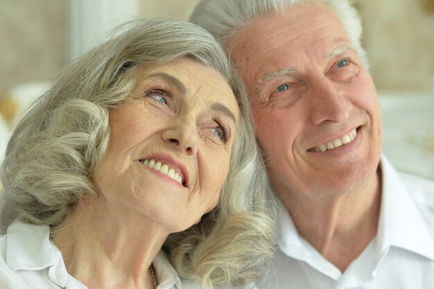 Portrait d'heureux beau couple de personnes âgées posant à la maison