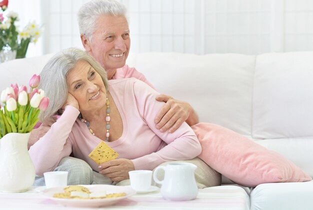 Portrait d'un heureux couple de personnes âgées buvant du thé