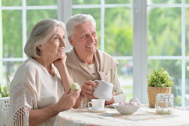 Portrait d'un heureux couple de personnes âgées buvant du thé