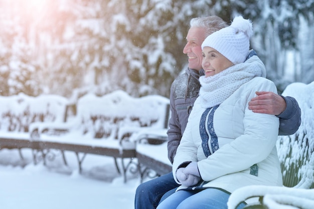 Photo portrait, de, a, heureux, couples aînés, sur, banc