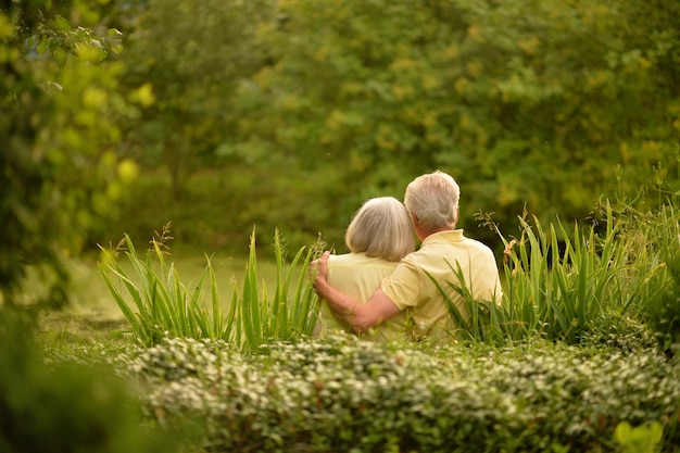 portrait, de, heureux, couples aînés, étreindre, dehors