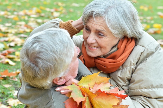 portrait, de, heureux, couples aînés, mensonge, dans parc