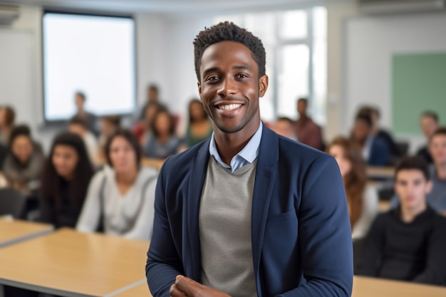 Portrait d'un heureux enseignant afro-américain debout dans la salle de classe