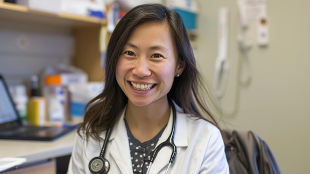 Portrait heureux d'une médecin asiatique avec un stéthoscope dans son bureau à la clinique