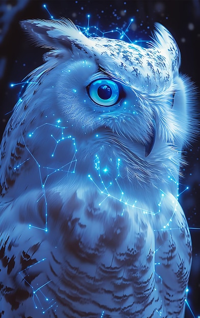 Portrait de hibou aux ailes cybernétiques améliorées avec des yeux bleus brillants Affiche cybernétique