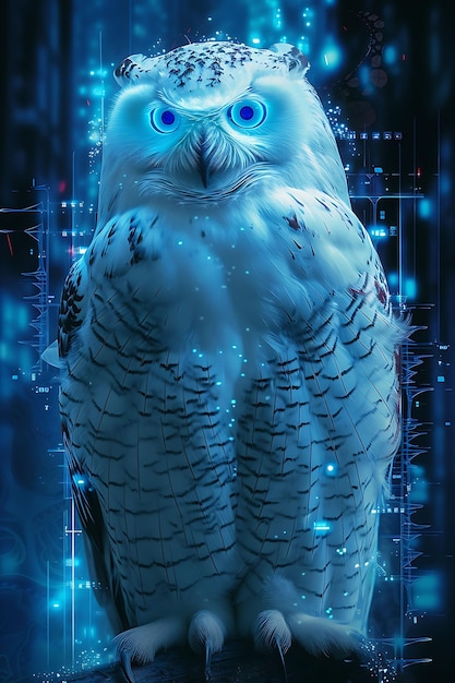 Portrait de hibou aux ailes cybernétiques améliorées avec des yeux bleus brillants Affiche cybernétique