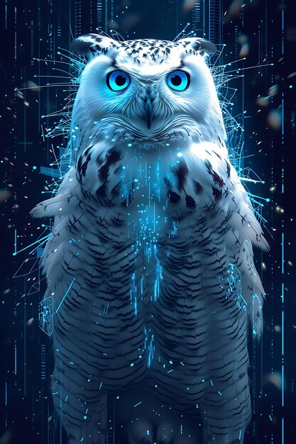 Portrait de hibou aux ailes cybernétiques améliorées avec des yeux bleus brillants Affiche cybernétique