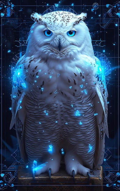 Portrait de hibou aux ailes cybernétiques améliorées avec des yeux bleus brillants Affiche cybernétique