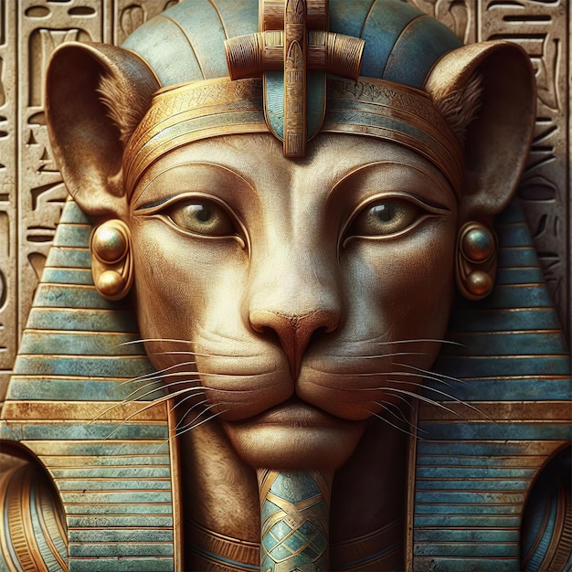Portrait et hiéroglyphes de l'ancienne Égypte représentant la déesse lionne Sekhmet