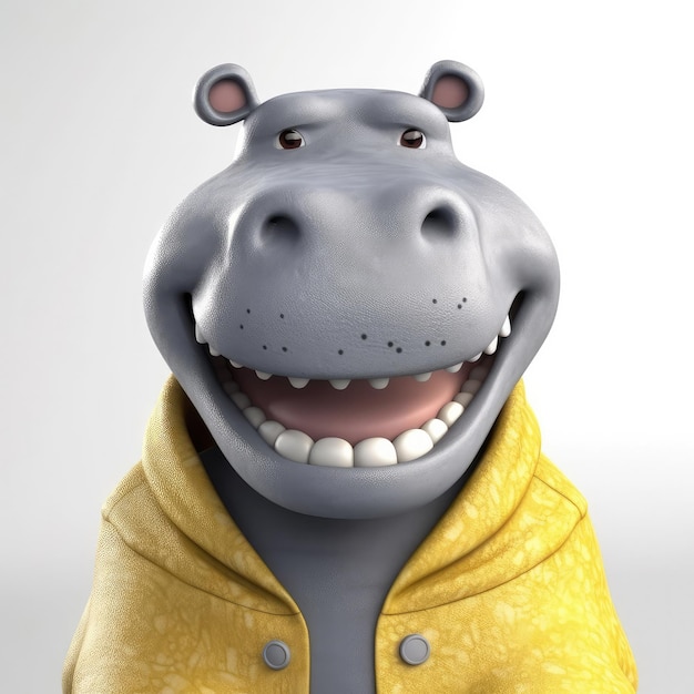 Portrait d'hippopotame de dessin animé 3D portant des vêtements debout devant les lumières du studio générative ai