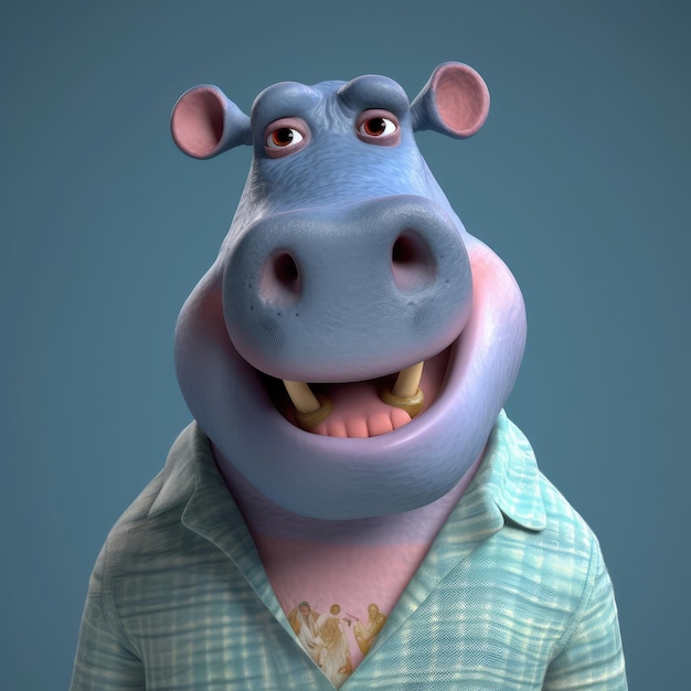 Portrait d'hippopotame de dessin animé 3D portant des vêtements debout devant les lumières du studio générative ai