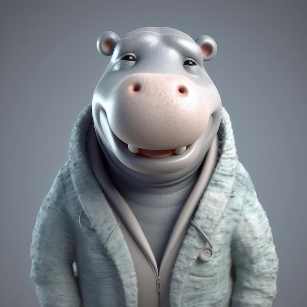 Portrait d'hippopotame de dessin animé 3D portant des vêtements debout devant les lumières du studio générative ai