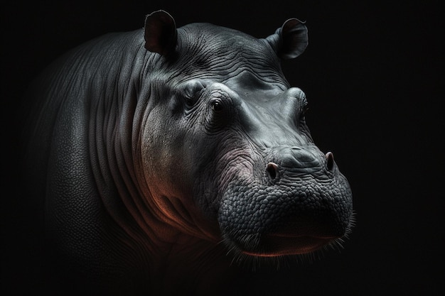 Un portrait d'un hippopotame avec un fond sombre