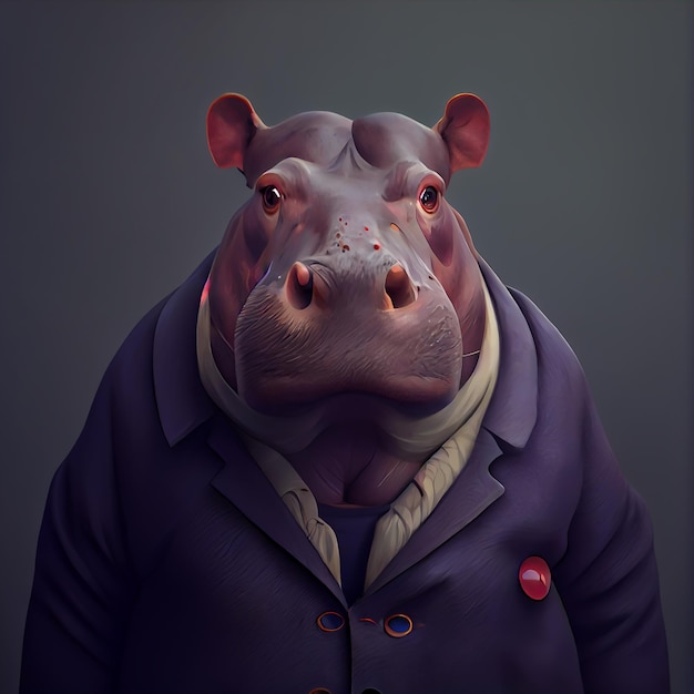 Portrait d'un hippopotame portant une veste