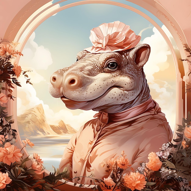 Portrait d'hippopotame tenant un parasol avec une pose de dame et une charmante S affiche vintage 2D Flat Design Art