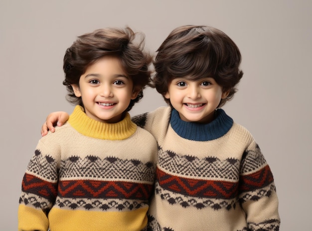 Portrait d'hiver d'enfants indiens heureux portant des pulls regardant la caméra avec un sourire