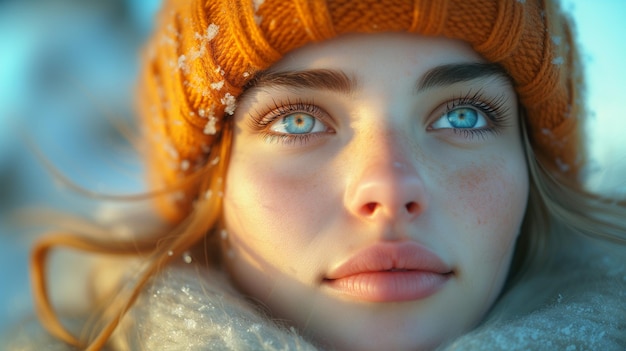 Portrait d'hiver d'une jeune femme aux yeux bleus