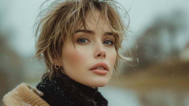 Portrait d'hiver d'une jeune femme belle aux longs cheveux blonds Portrait en gros plan AI générative