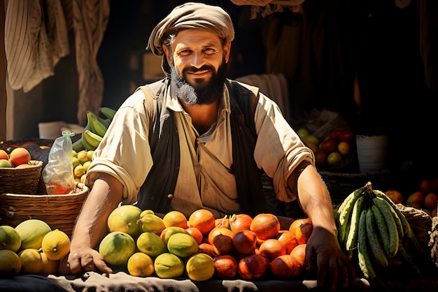 Portrait d'un homme adulte arabe en turban vendant des fruits dans le marché du centre-ville de la ville arabe