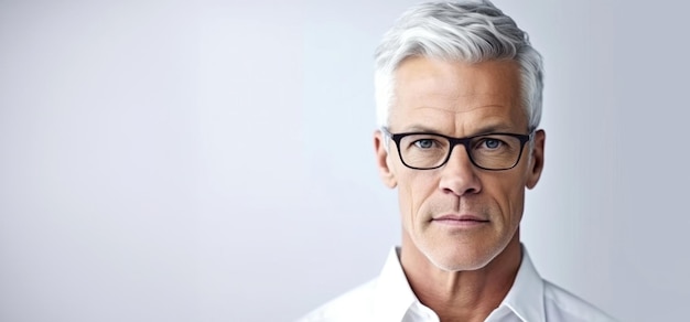 Portrait d'un homme adulte aux cheveux gris portant des lunettes sur fond blanc neutre, généré par l'IA
