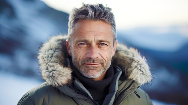 Photo portrait d'un homme adulte avec un paysage hivernal en arrière-plan