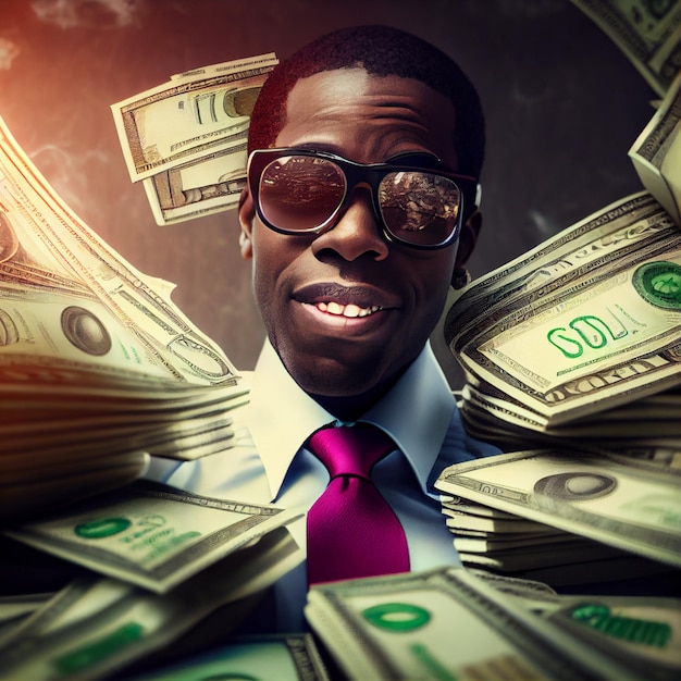 Portrait d'homme d'affaires afro-américain riche réussi avec fond d'argent