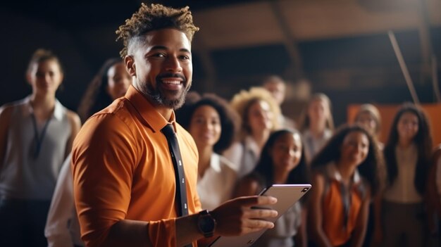 Portrait d'un homme d'affaires afro-américain souriant utilisant une tablette numérique dans son bureau IA générative