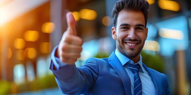 Portrait d'un homme d'affaires arabe souriant donnant le pouce en l'air à la caméra Concept de l'homme d'affaires arabes souriant le pouce En l'air Portrait de geste