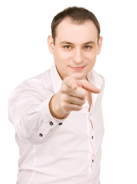 Portrait d'homme d'affaires attirant pointant son doigt