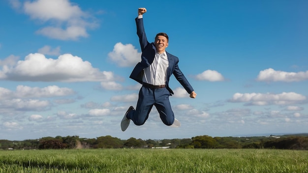 Photo portrait d'un homme d'affaires attrayant célébrant en sautant soulève son poing au-dessus de la tête en plein air