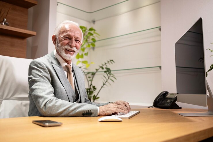 Portrait d'un homme d'affaires à barbe caucasien assis dans son bureau de luxe