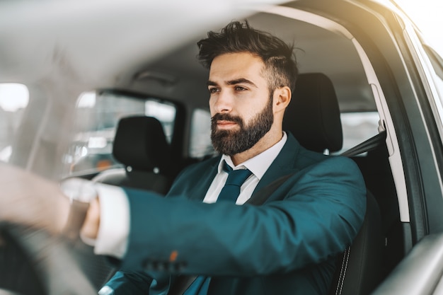 Portrait d'homme d'affaires barbu caucasien en vêtements de conduite au volant de voiture.