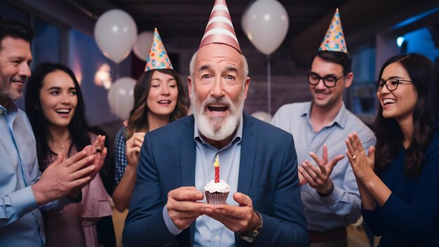 Photo portrait d'un homme d'affaires beardé sénior attrayant et prospère portant un chapeau en cône exprimant son enthousiasme