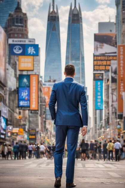 Photo portrait d'un homme d'affaires debout au milieu de la ville tout en analysant diverses entreprises et en