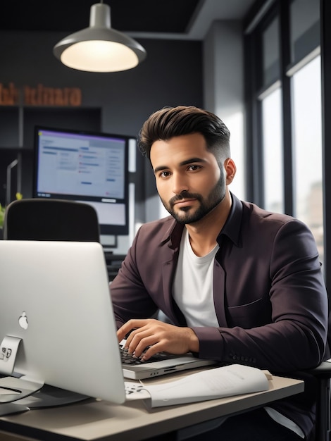 Portrait d'un homme d'affaires indien réfléchi et sérieux assis au bureau sur le lieu de travail