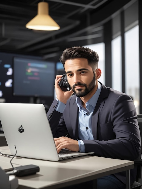 Portrait d'un homme d'affaires indien réfléchi et sérieux assis au bureau sur le lieu de travail