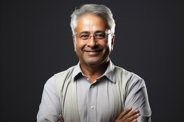 Portrait d'un homme d'affaires indien souriant, les mains jointes au bureau