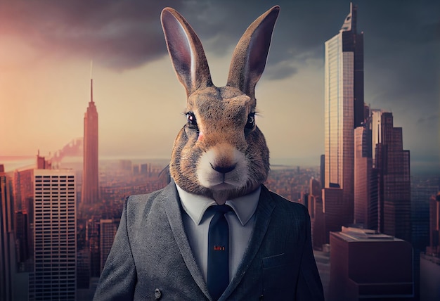 Portrait d'un homme d'affaires de lapin anthropomorphe errant dans les rues de la ville Générer Ai